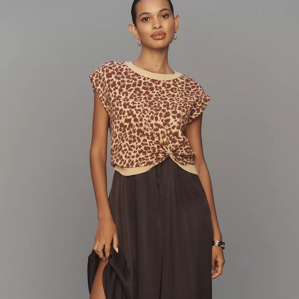 Anthropologie The Gemini Cap-Sleeve Sweater Leopard Print Knit Top Size M NWT